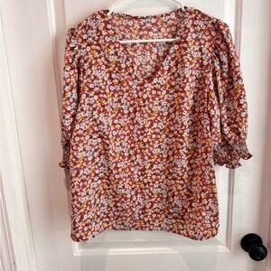 SHEIN Orange Puff Sleeve Smocked Blouse